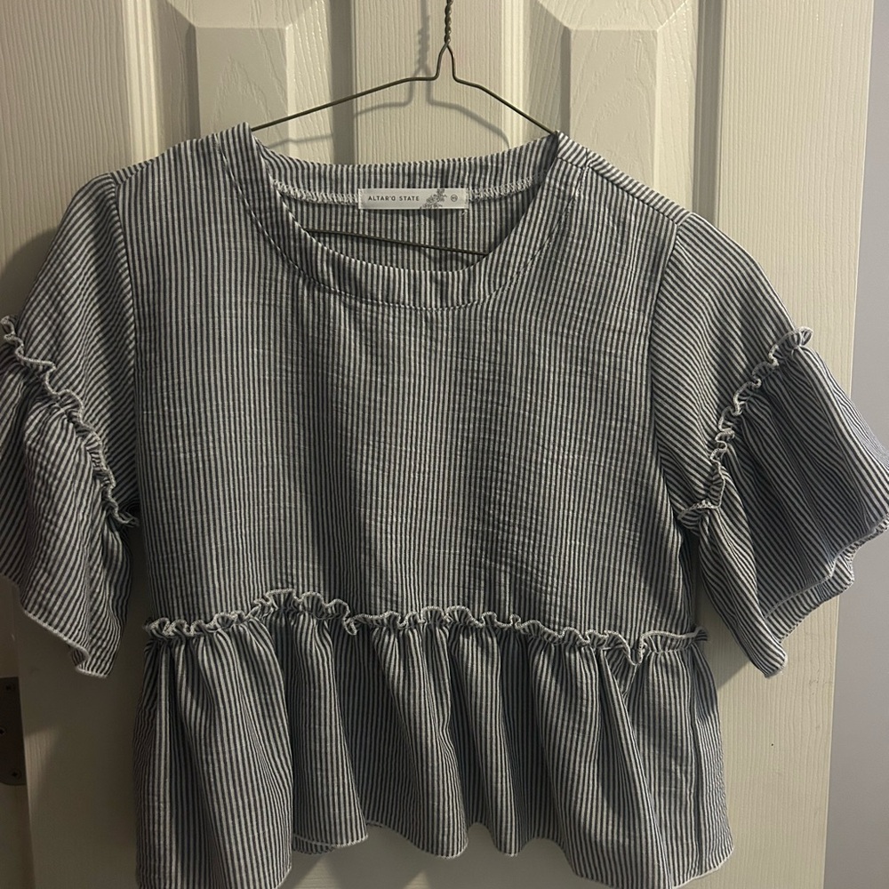Altar'd State Black and White Striped Ruffle Blouse